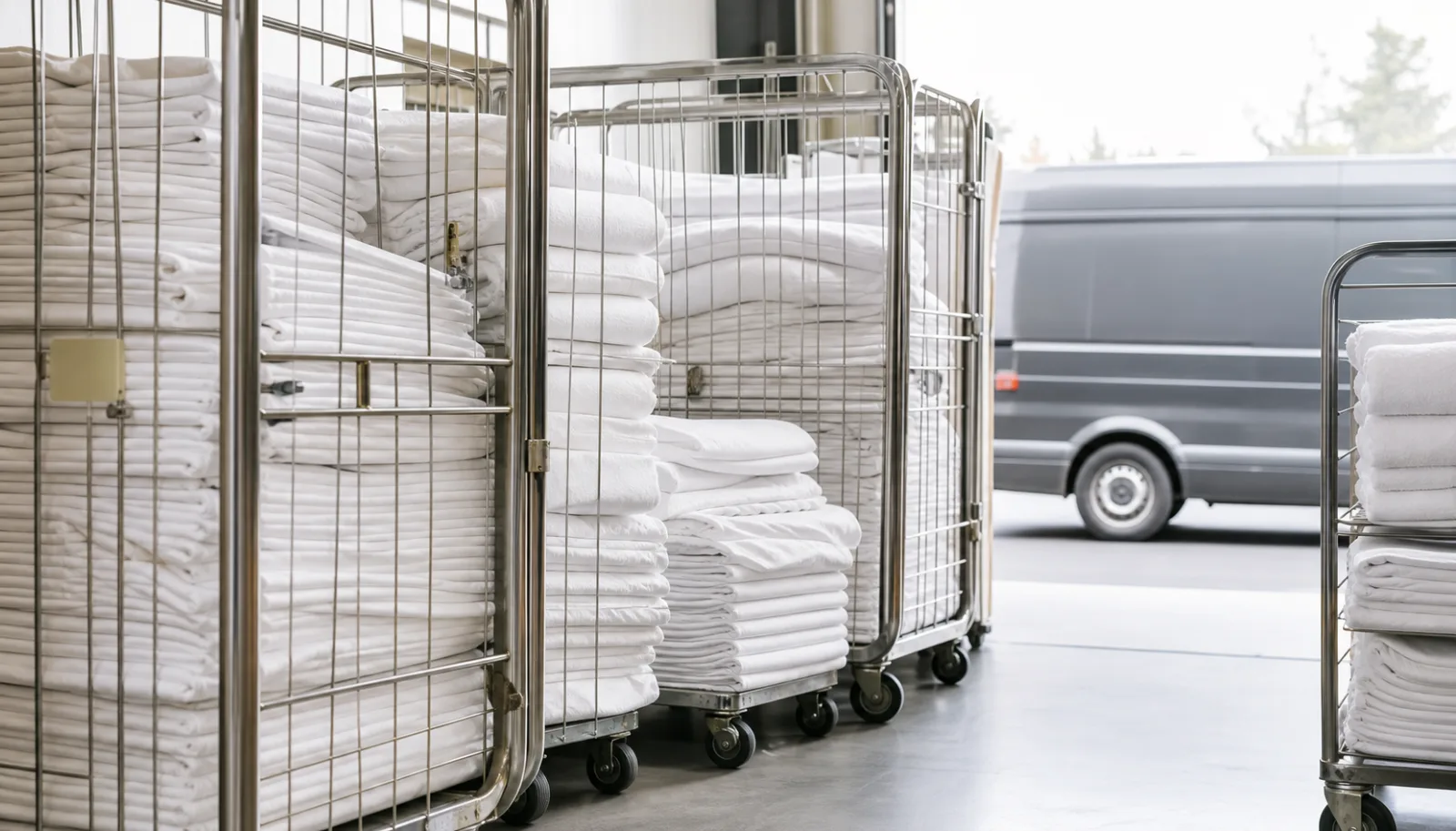 Freshly laundered white linen stacked neatly in clean delivery cages